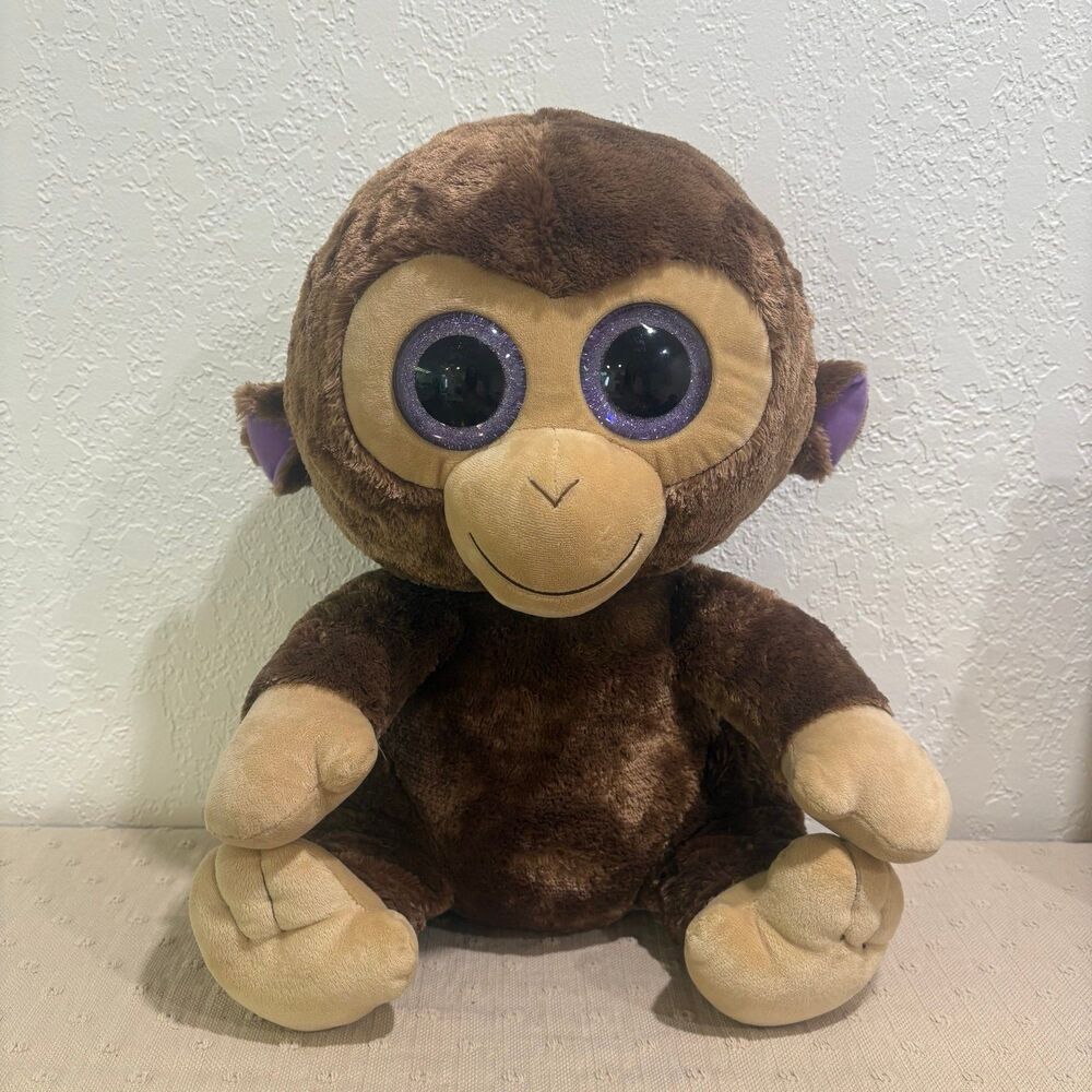 Ty Beanie Boo Coconut Plush Monkey 16" Purple Sparkle Eyes Soft Brown TY Silk